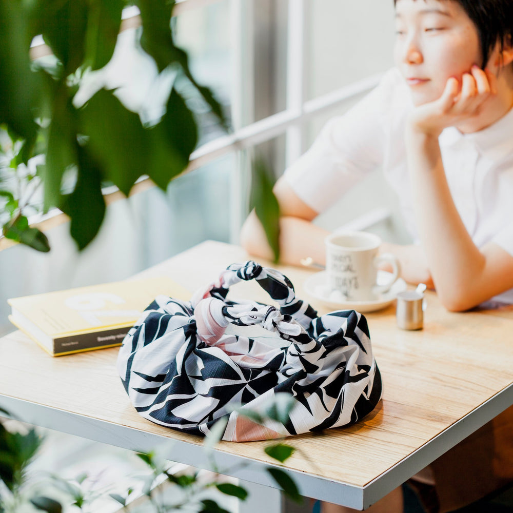 “Angles” furoshiki textile in white, black and pink