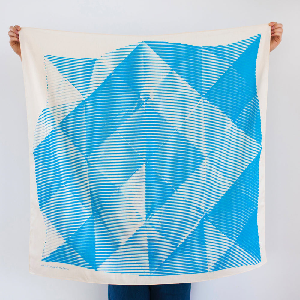 “Folded Paper” furoshiki textile in blue and cream