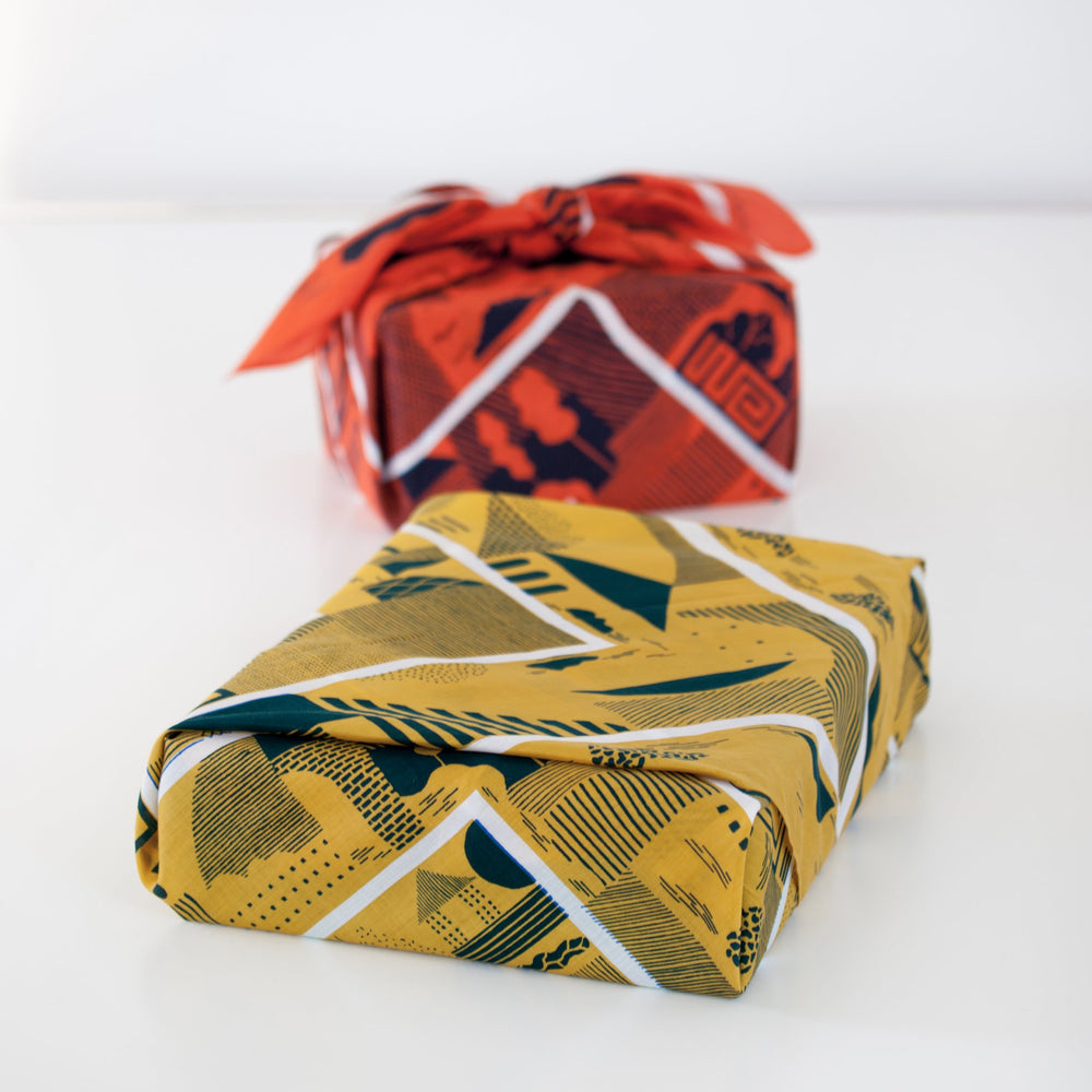 “Maze” furoshiki textile in mustard, navy and white