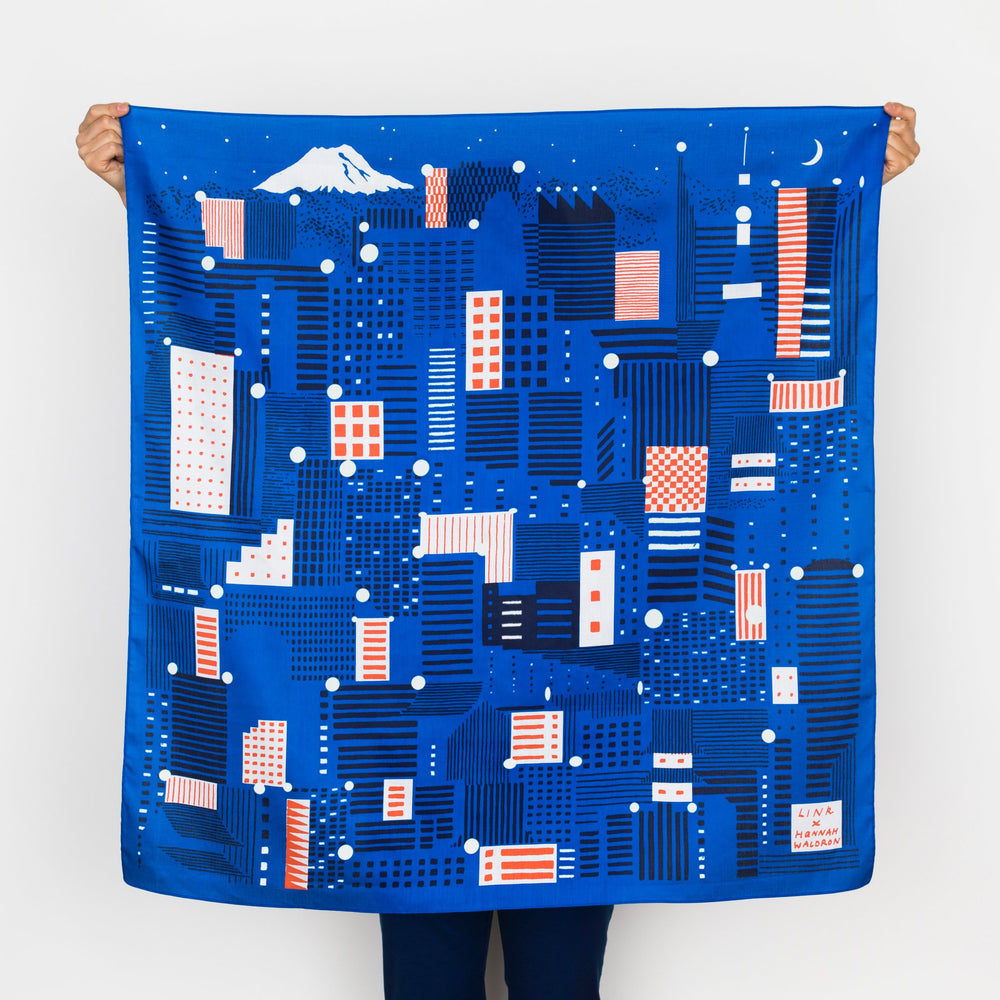 “Tokyo” furoshiki textile in blue, red, white and glow in the dark ink