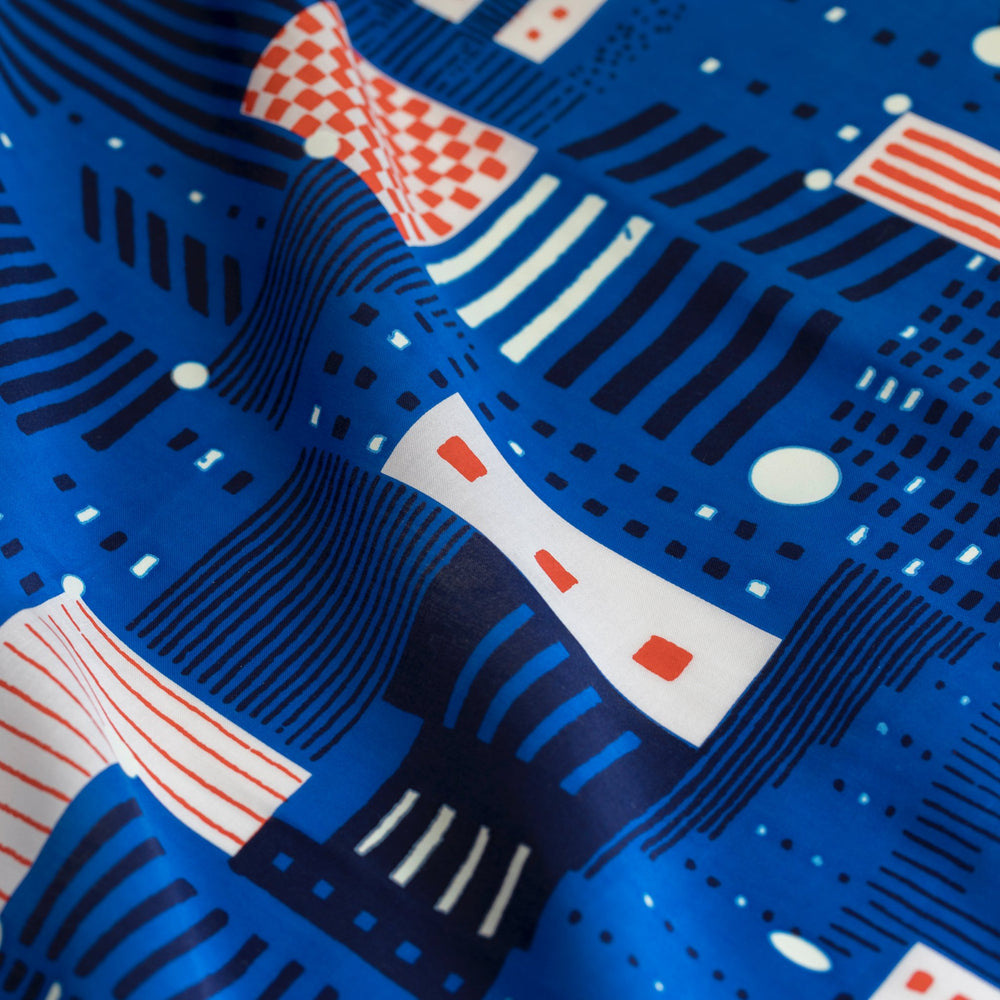 “Tokyo” furoshiki textile in blue, red, white and glow in the dark ink